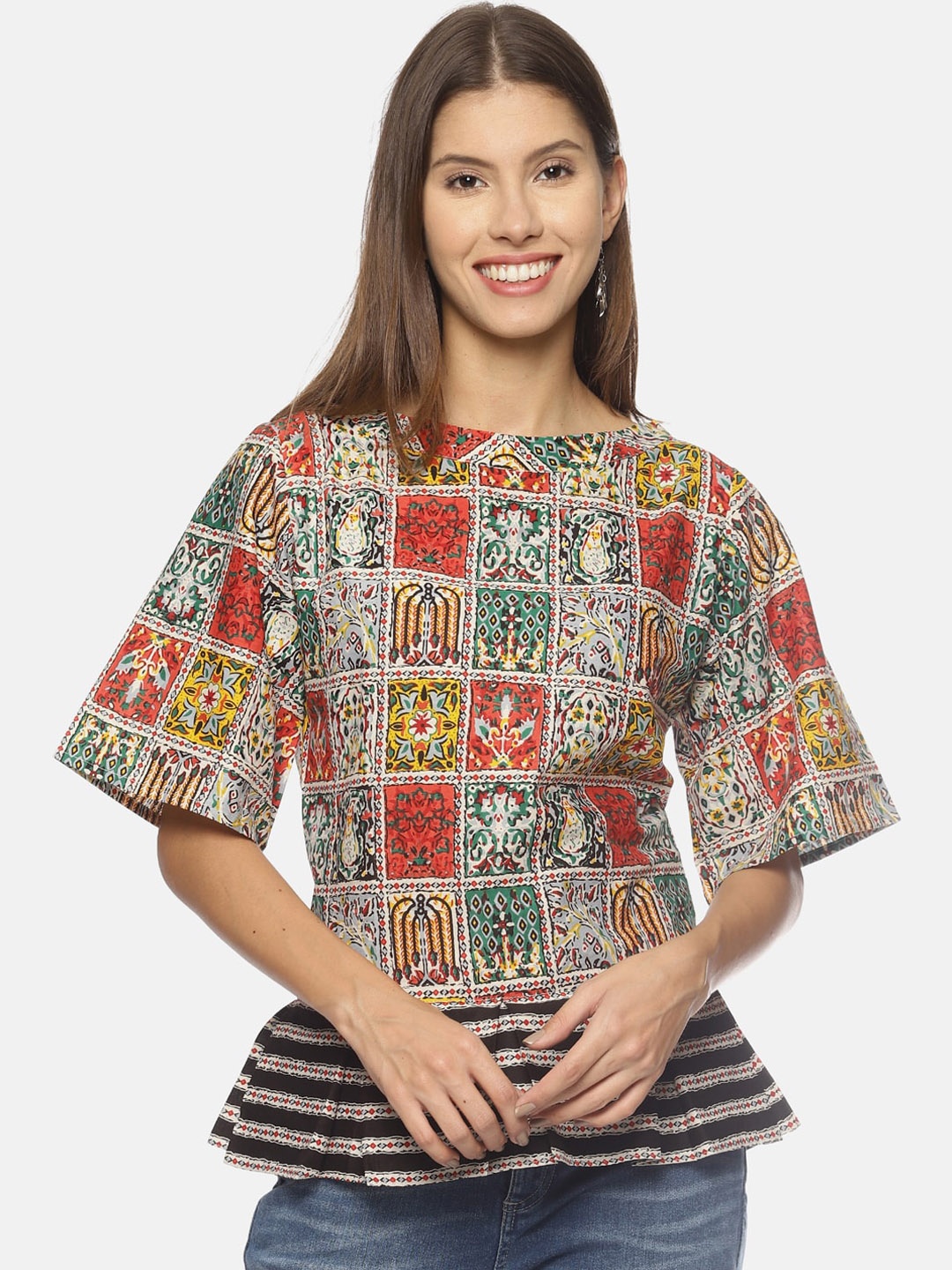 

COUPER & COLL Cream-coloured & Red Printed Pure Cotton Peplum Top