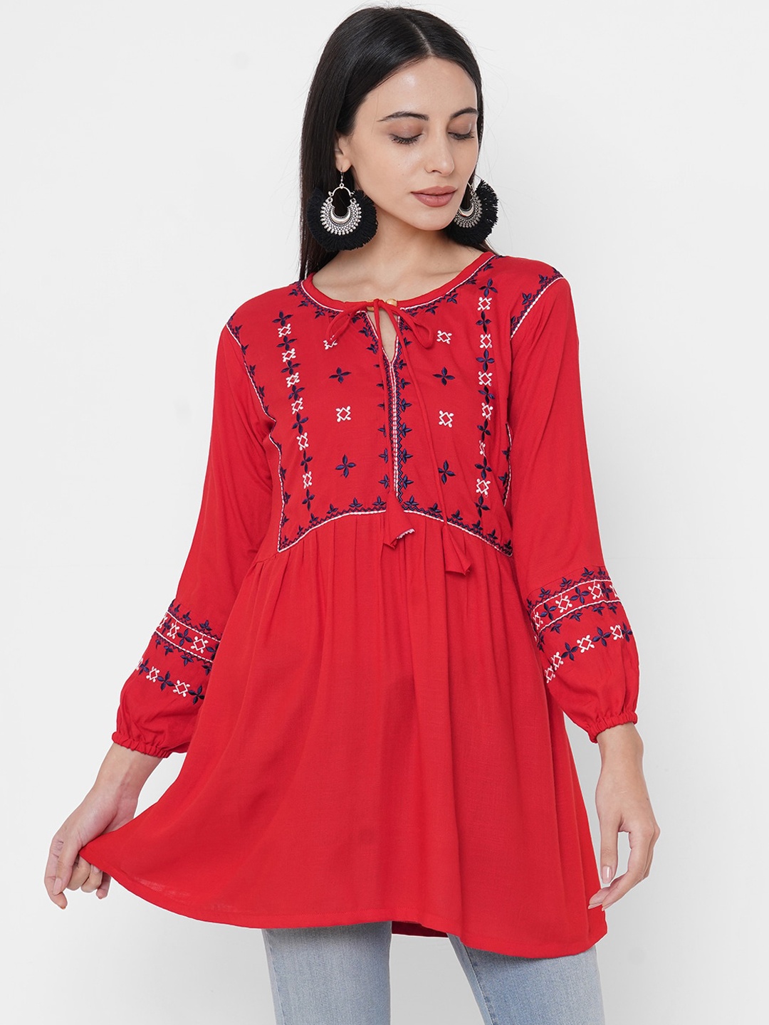 

FASHOR Women Red & Blue Embroidered A-Line Kurti