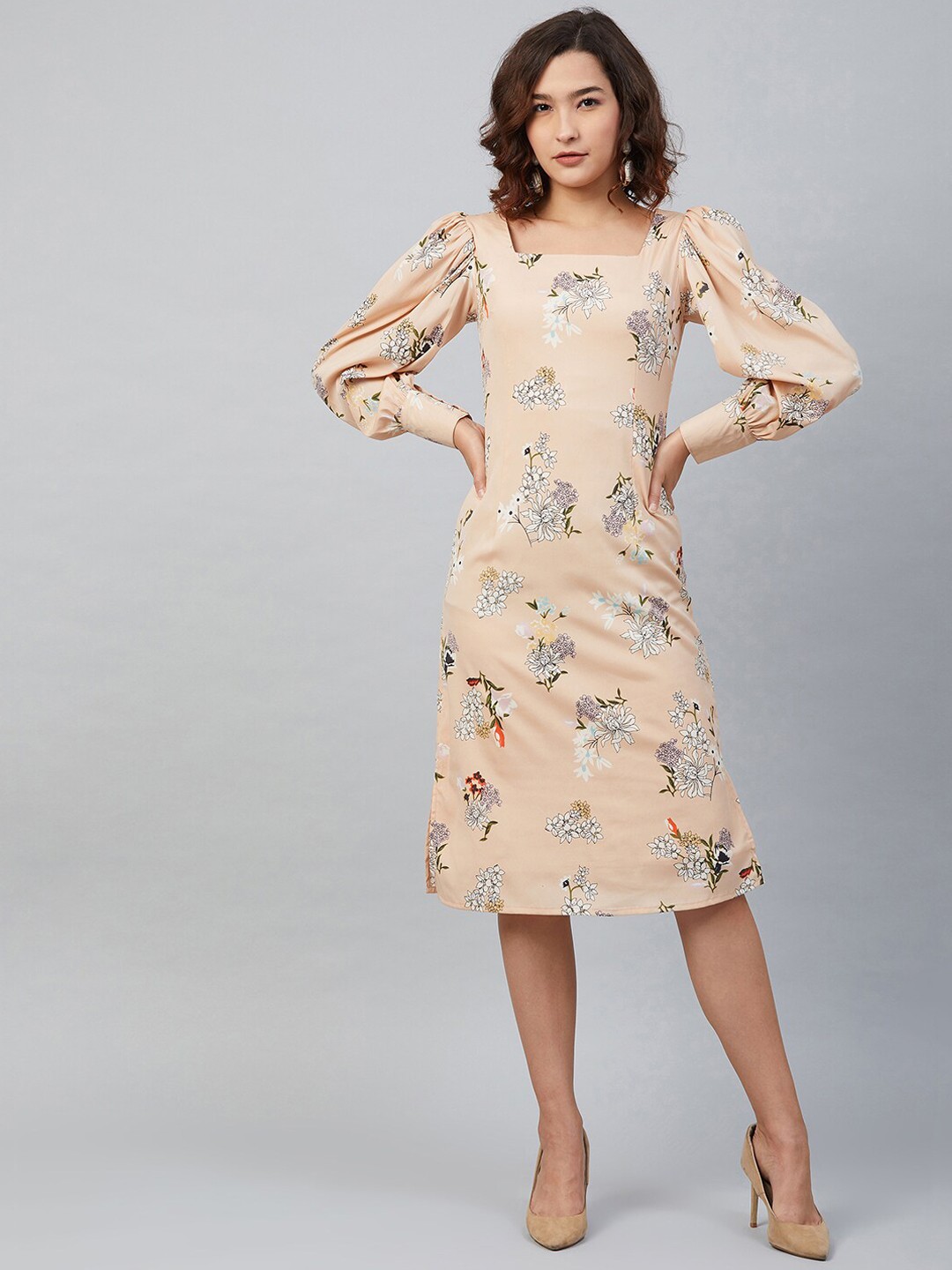 

RARE Women Beige Floral Printed A-Line Dress