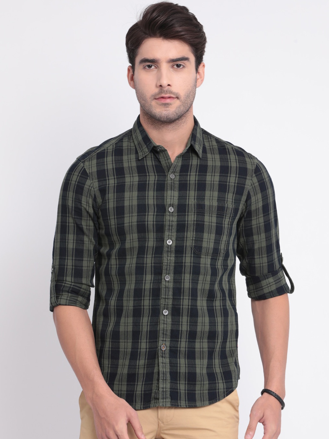 t-base Men Green Slim Fit Checked Casual Cotton Shirt