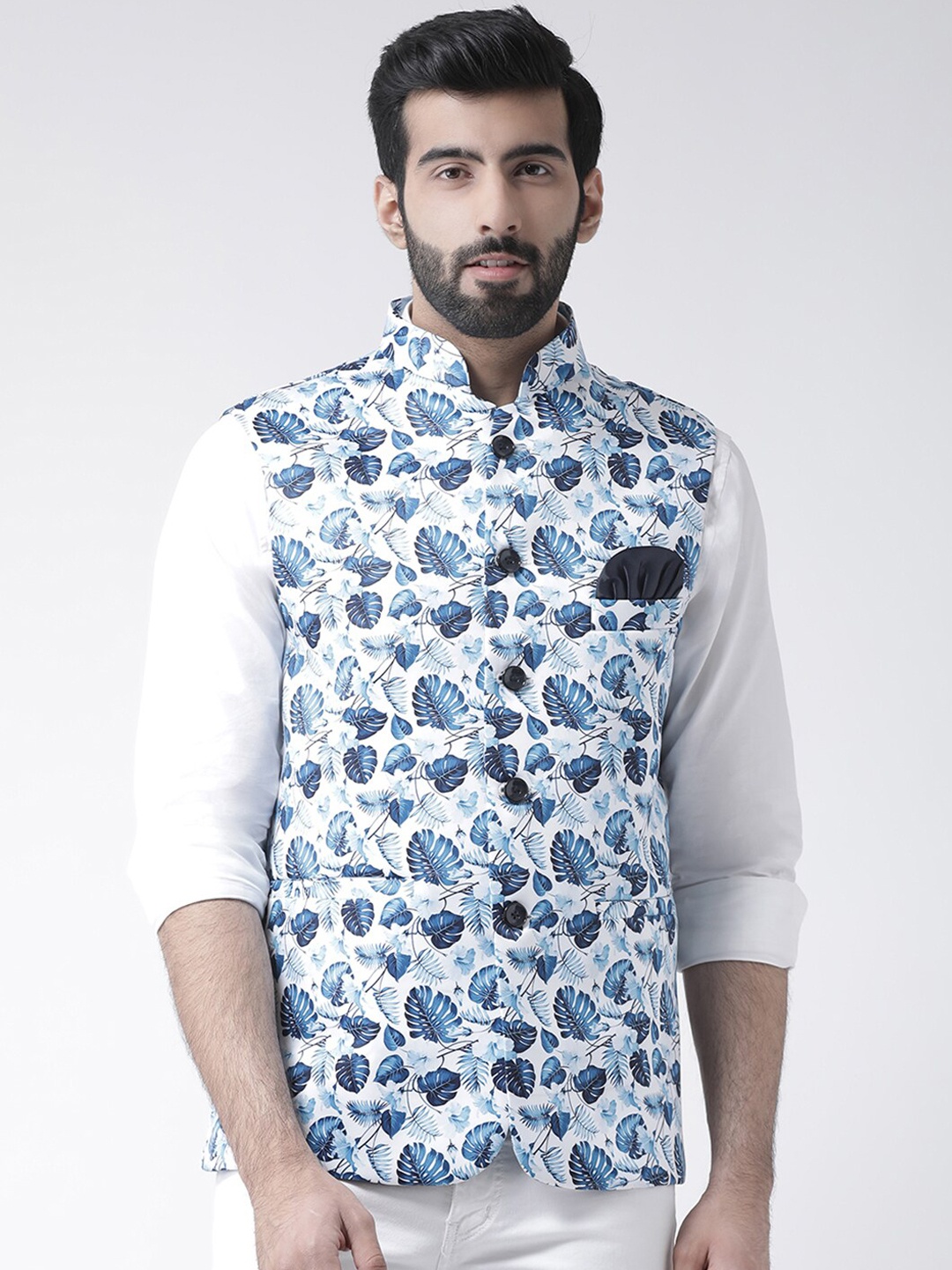 Hangup Men Blue & White Printed Woven Nehru Jacket