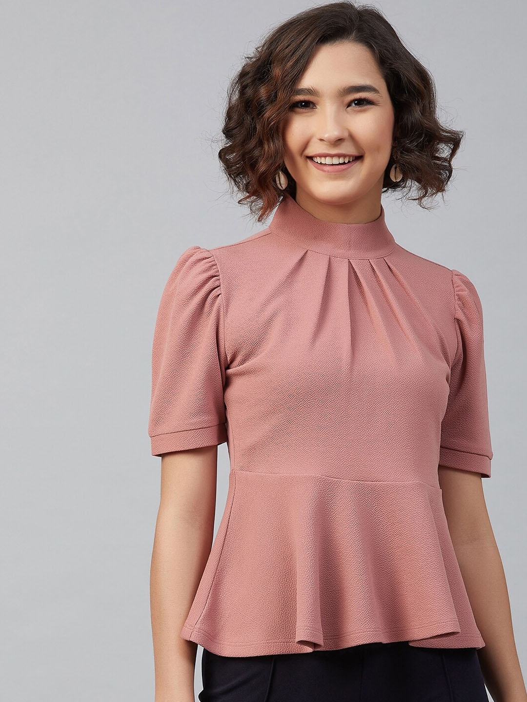 

Marie Claire Women Pink Puff Sleeves Crepe Peplum Top