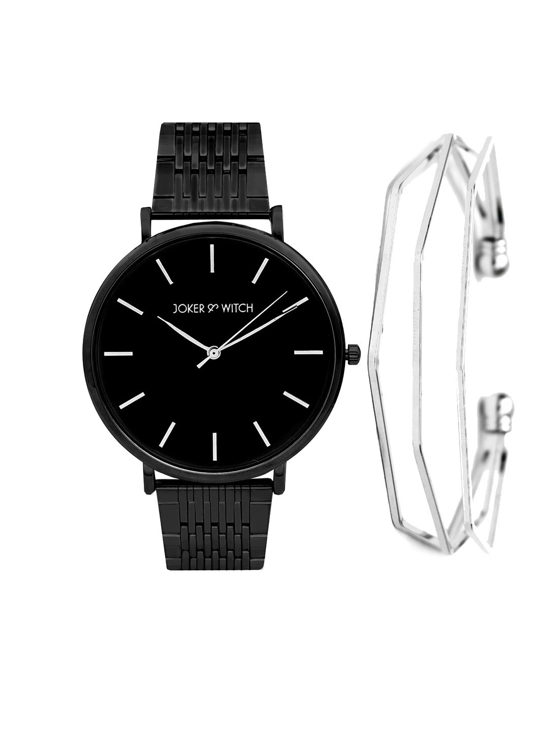 

JOKER & WITCH Women Black & Silver-Toned Watch & Bracelet Gift Set JWBS387