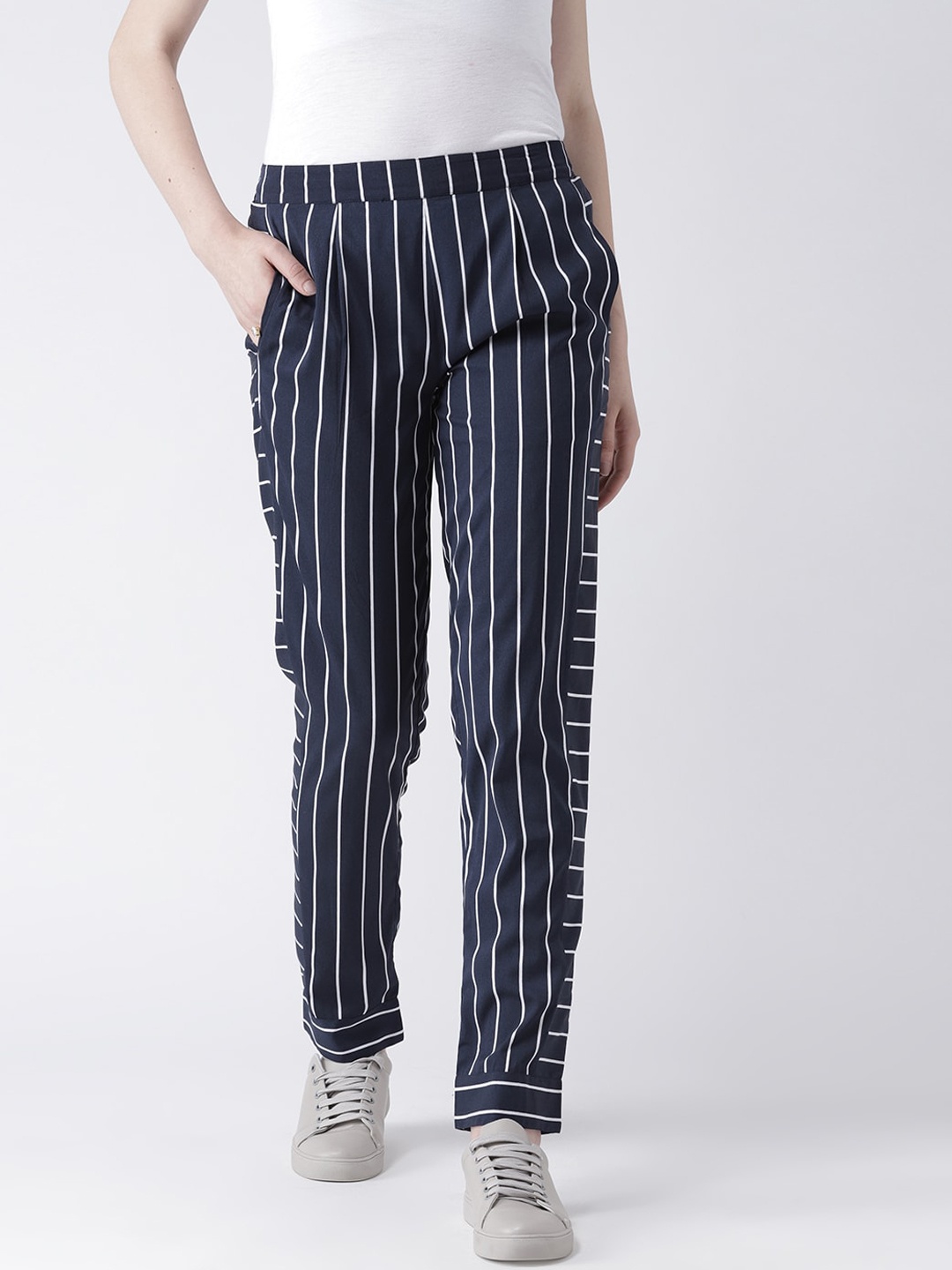 DODO & MOA Women Navy Blue Regular Fit Striped Regular Trousers