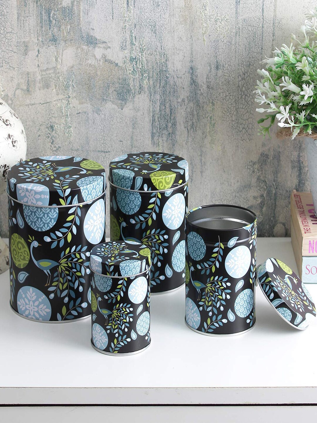 

A Vintage Affair- Home Decor Set Of 4 Black & Green Printed Metal Food Storage Containers