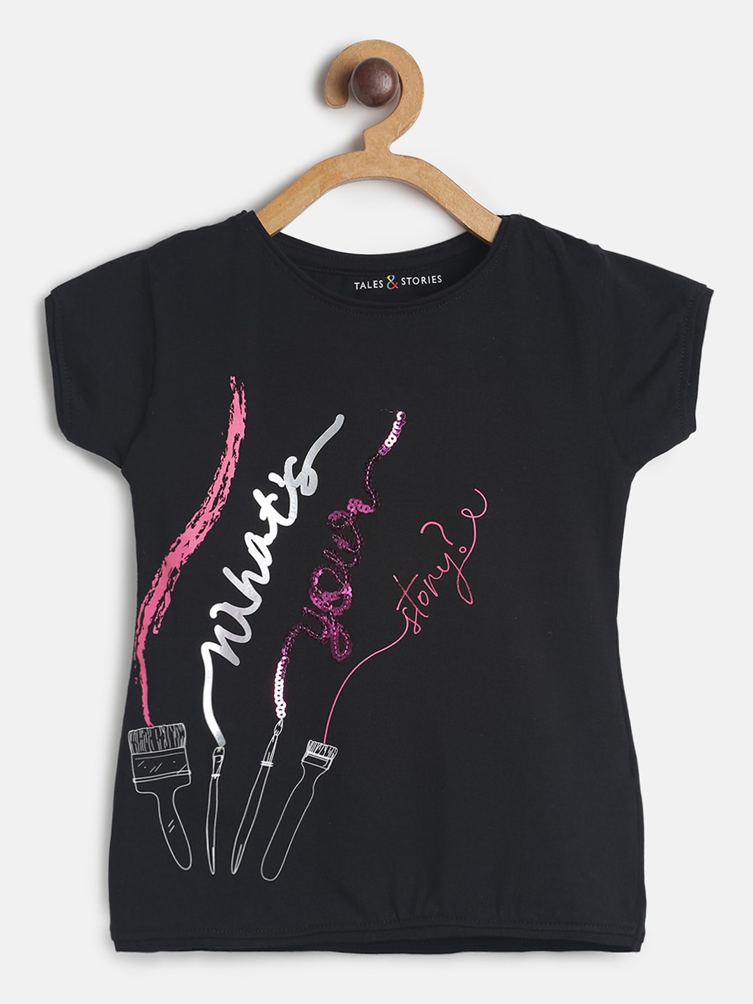 

TALES & STORIES Girls Black Printed Round Neck T-shirt