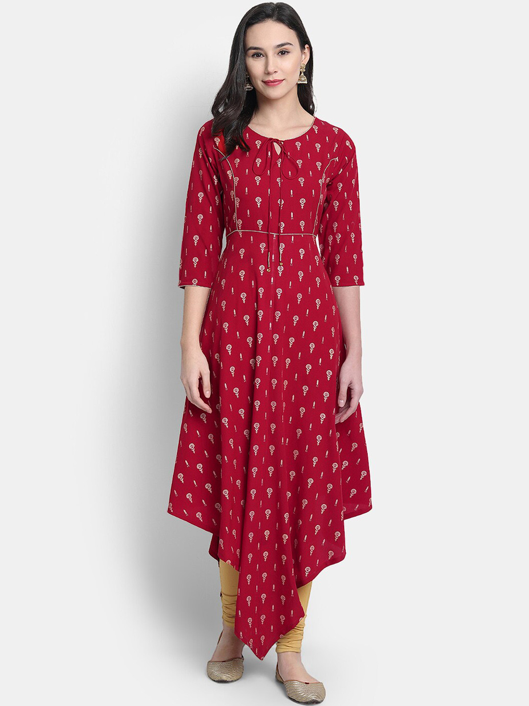 

Janasya Women Maroon Ethnic Motifs Printed Keyhole Neck Crepe Kurta