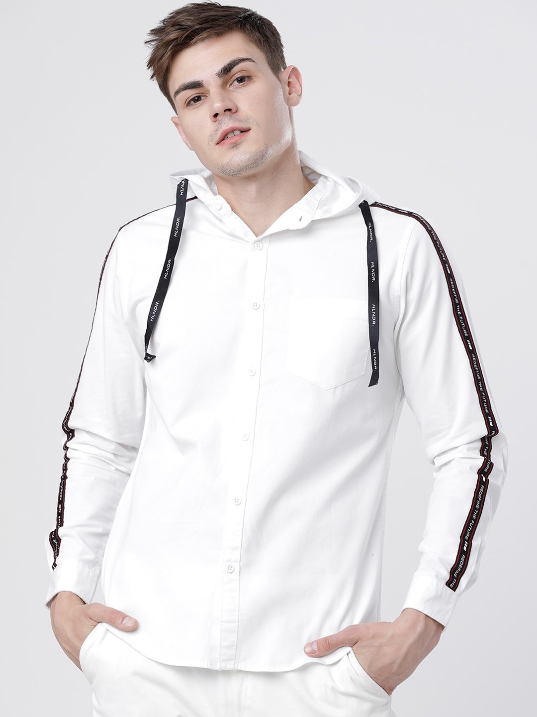 

HIGHLANDER Men White Slim Fit Solid Hooded Casual Shirt