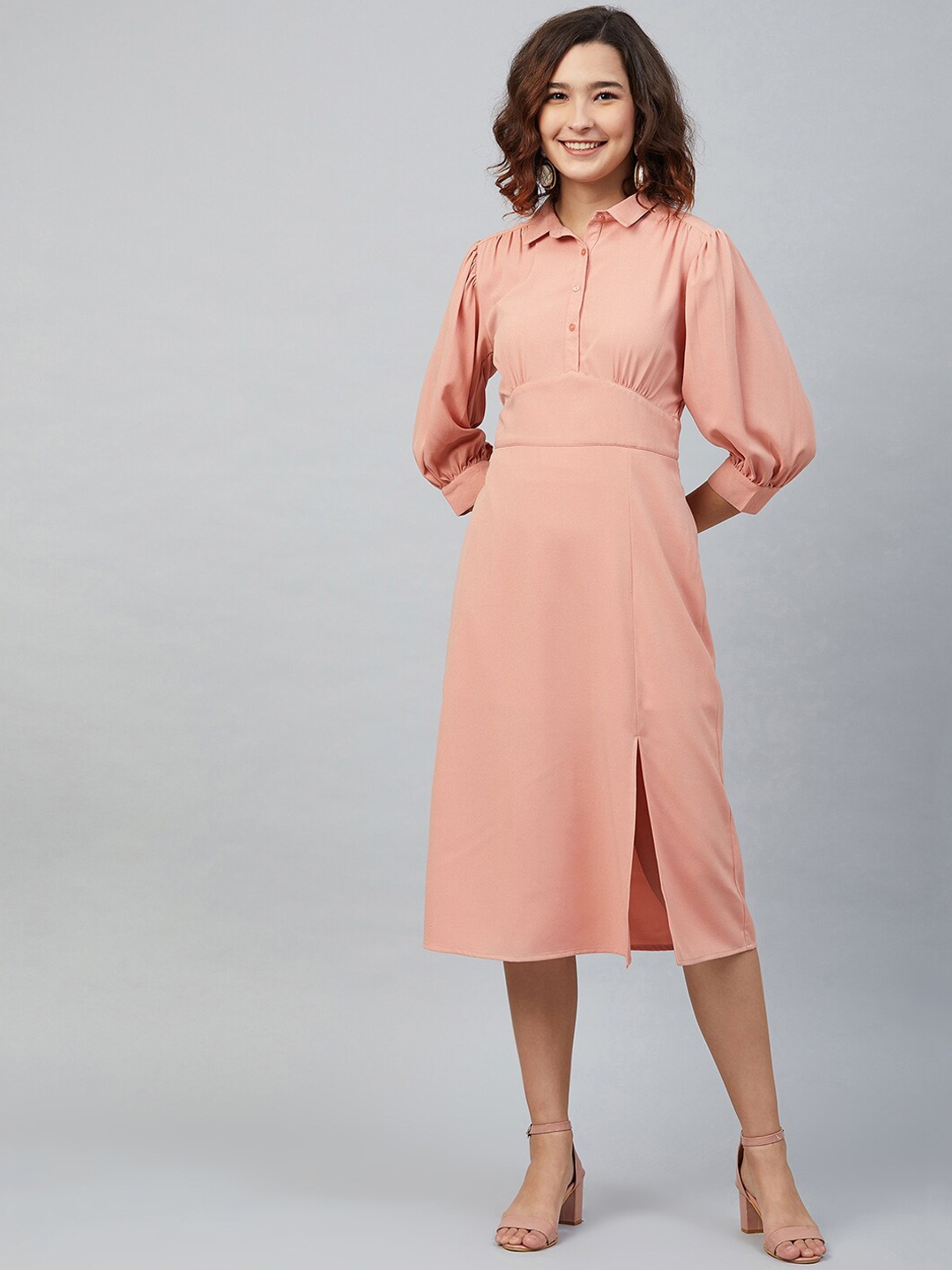 

Marie Claire Women Peach-Coloured Solid Fit and Flare Dress