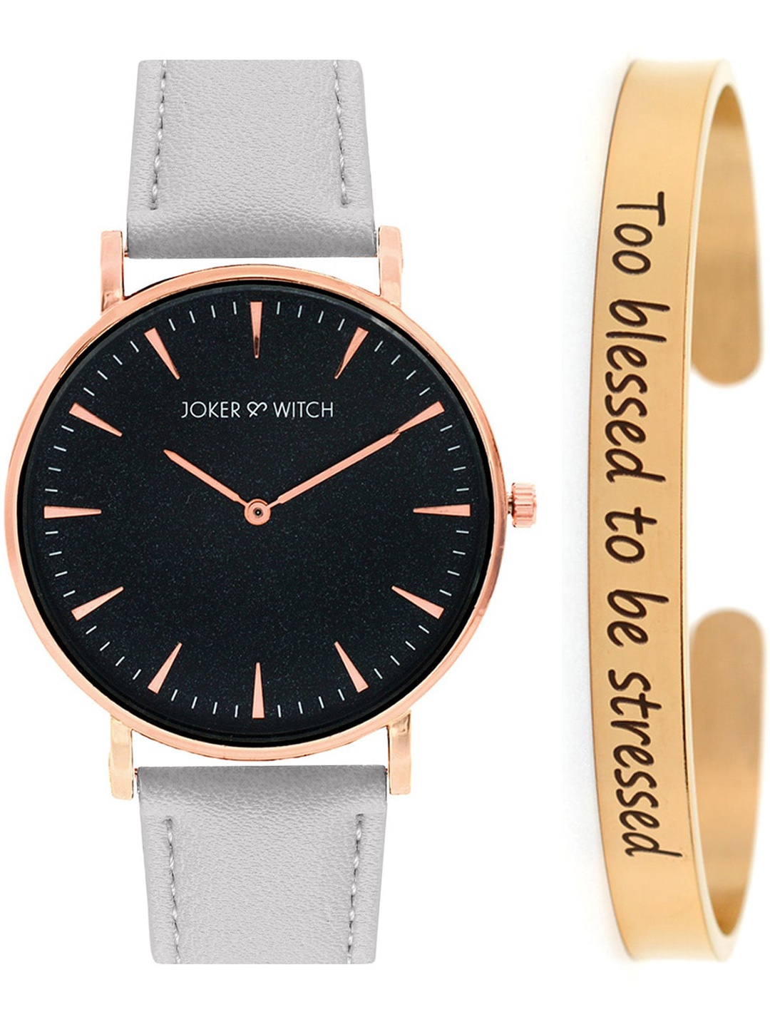 

JOKER & WITCH Women Grey & Rose Gold-Toned Brim Watch & Bracelet Gift Set JWBS372, Black