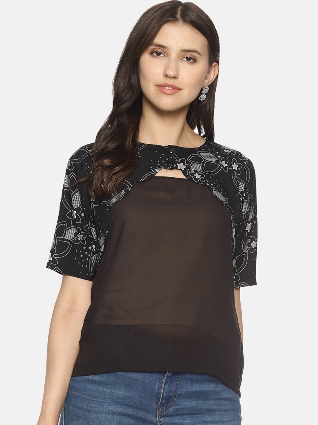 

Couper & Coll Women Black Keyhole Neck Georgette Regular Top