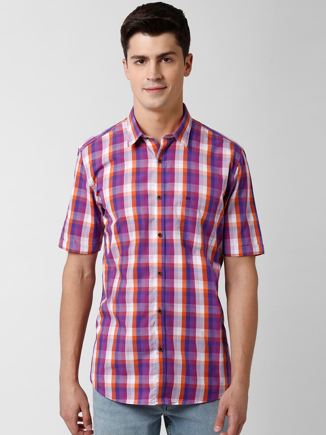 

Peter England Casuals Men Purple & Orange Slim Fit Checked Cotton Casual Shirt