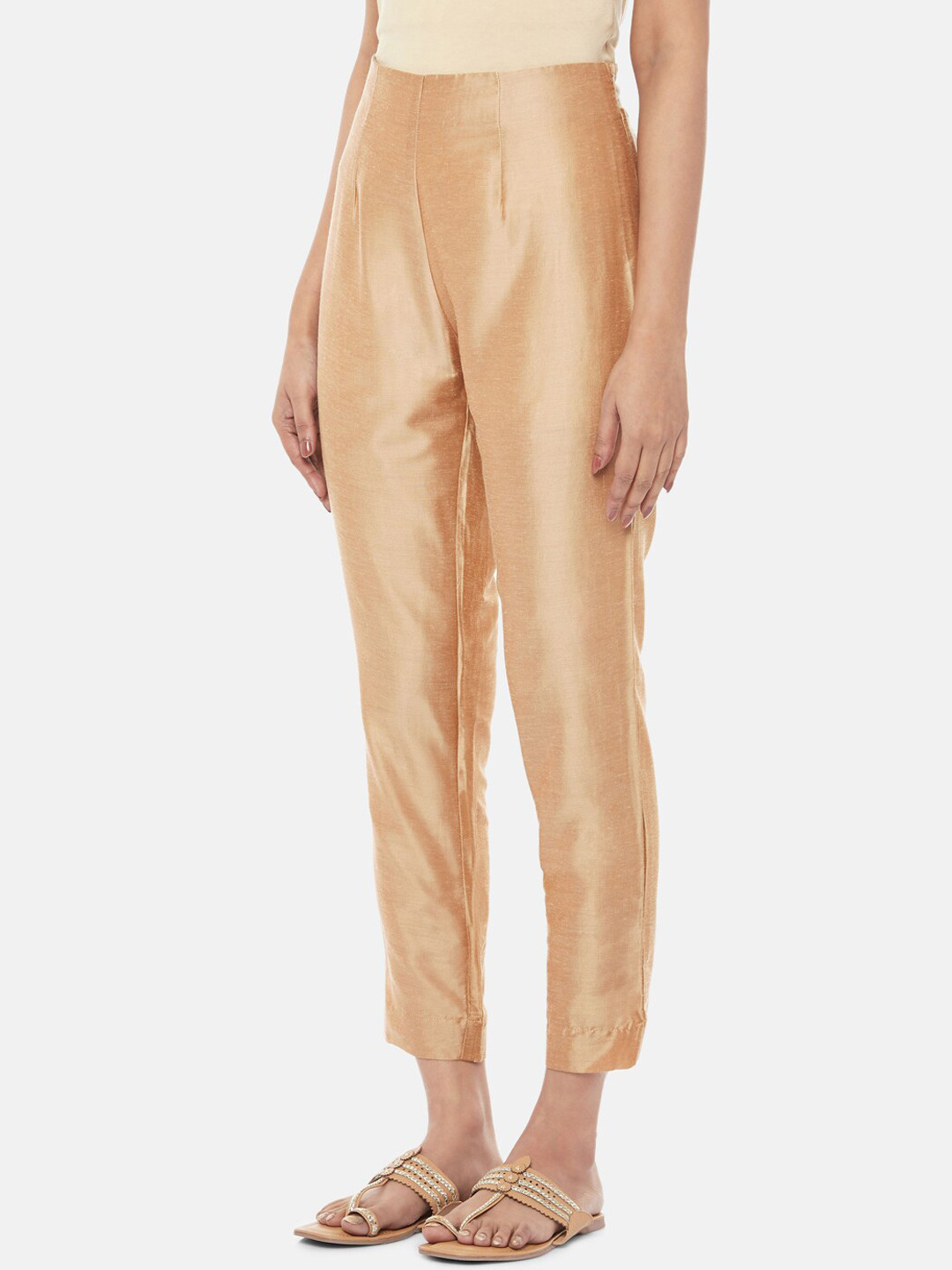

RANGMANCH BY PANTALOONS Women Gold-Toned Regular Fit Solid Cigarette Trousers