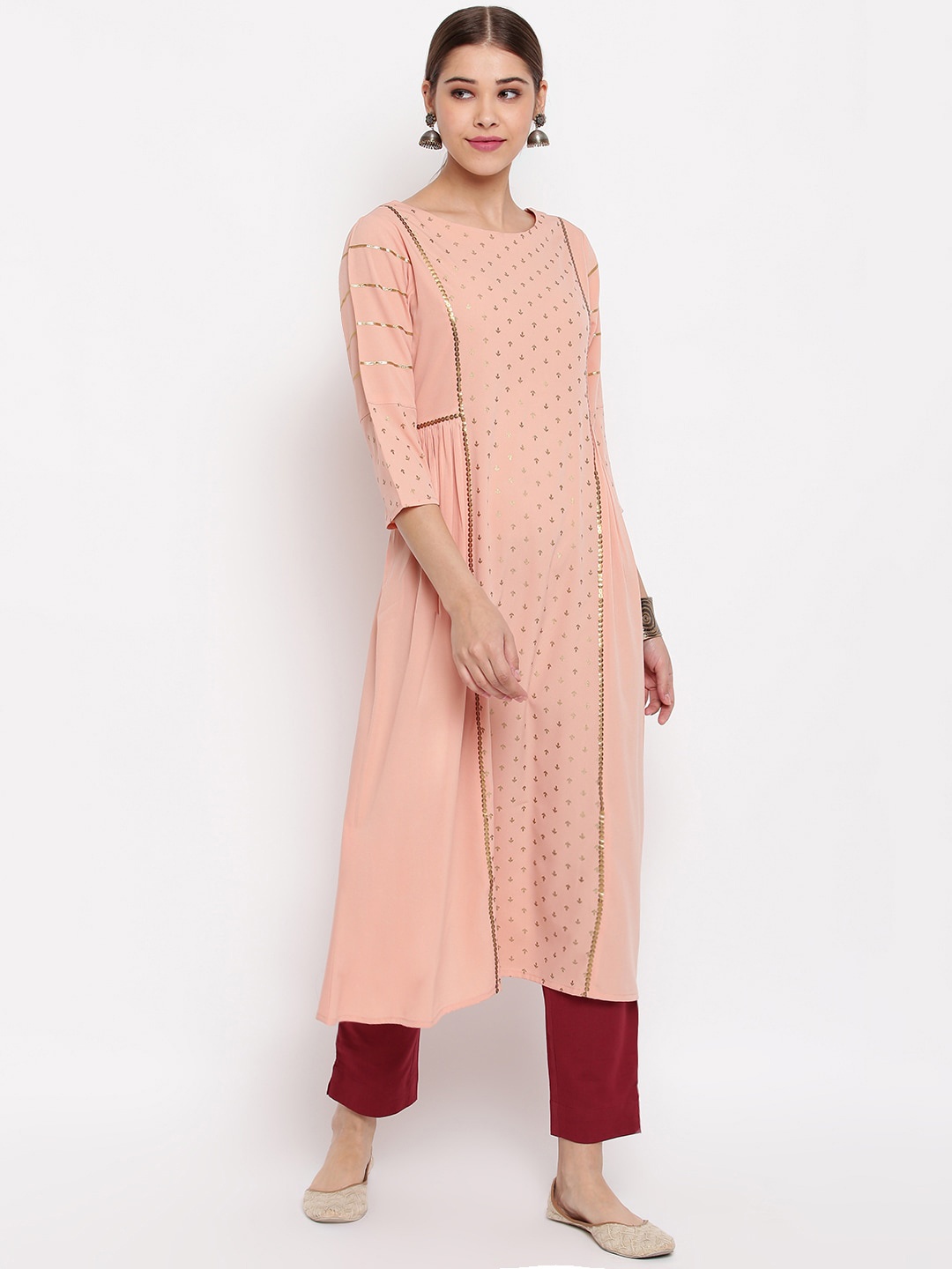 

Janasya Women Peach-coloured Ethnic Motifs Sequins Crepe Kurta
