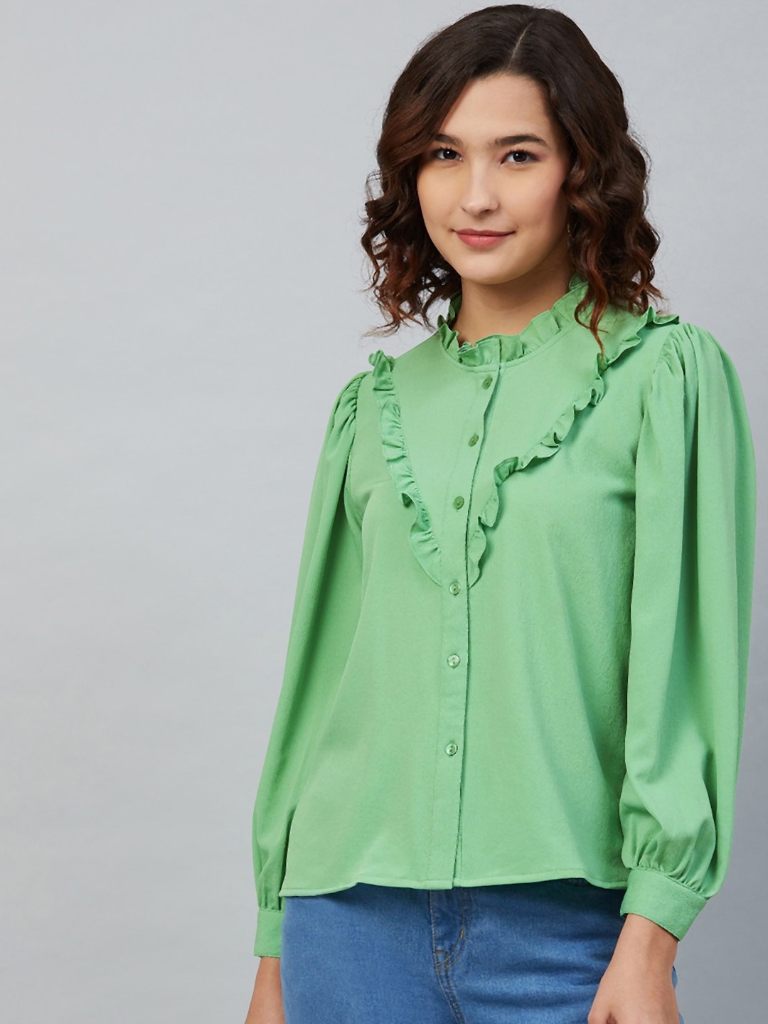 

Carlton London Green Mandarin Collar Ruffles Crepe Shirt Style Top