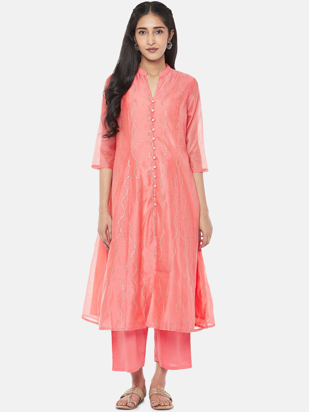 

RANGMANCH BY PANTALOONS Women Coral Embroidered Kurta with Trousers