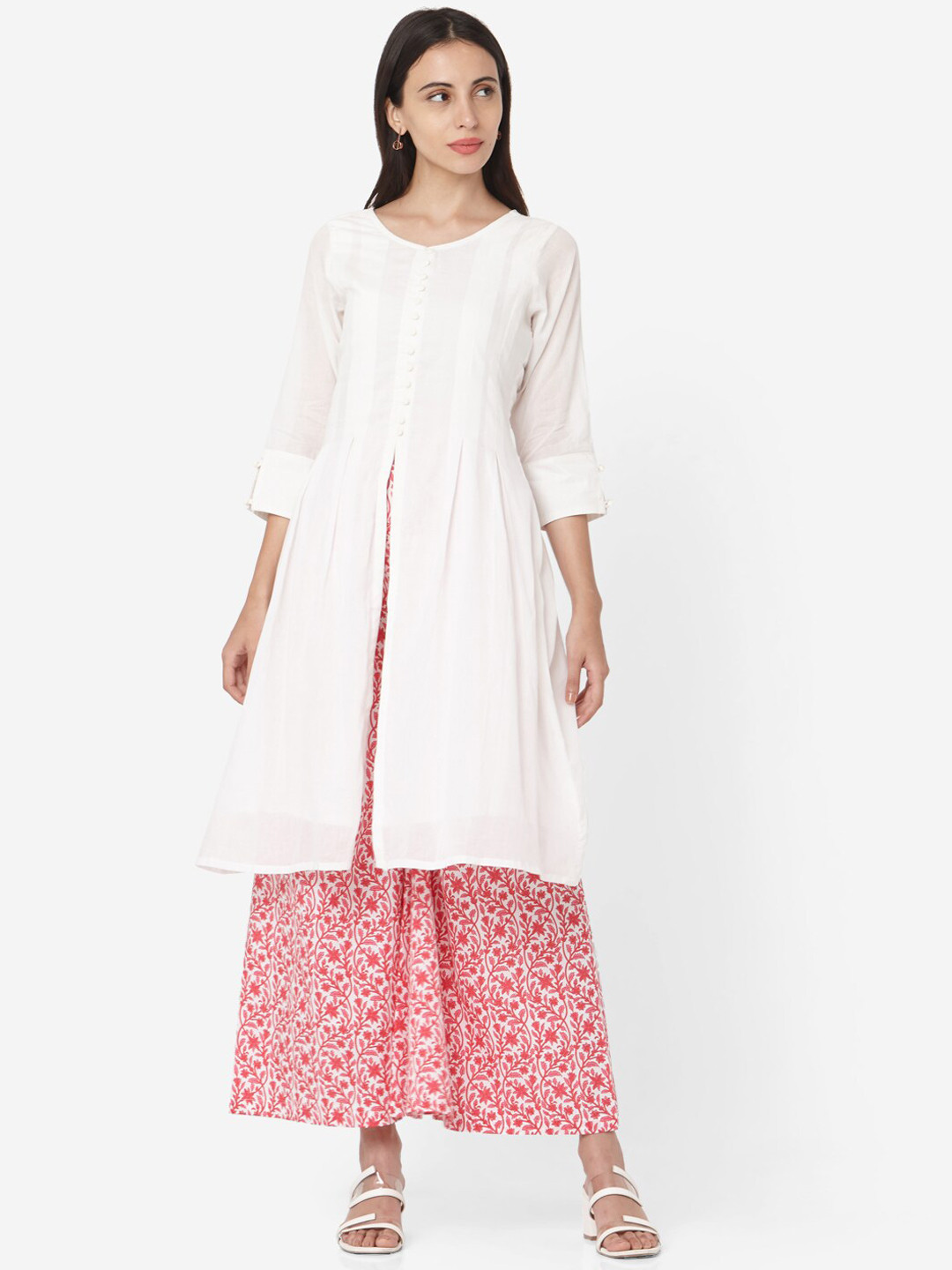 

Saanjh Women White Solid Kurta with Palazzos