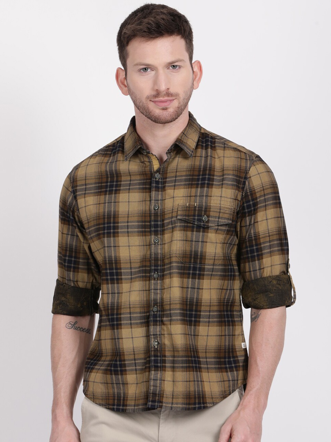 t-base Men Brown Slim Fit Checked Casual Shirt