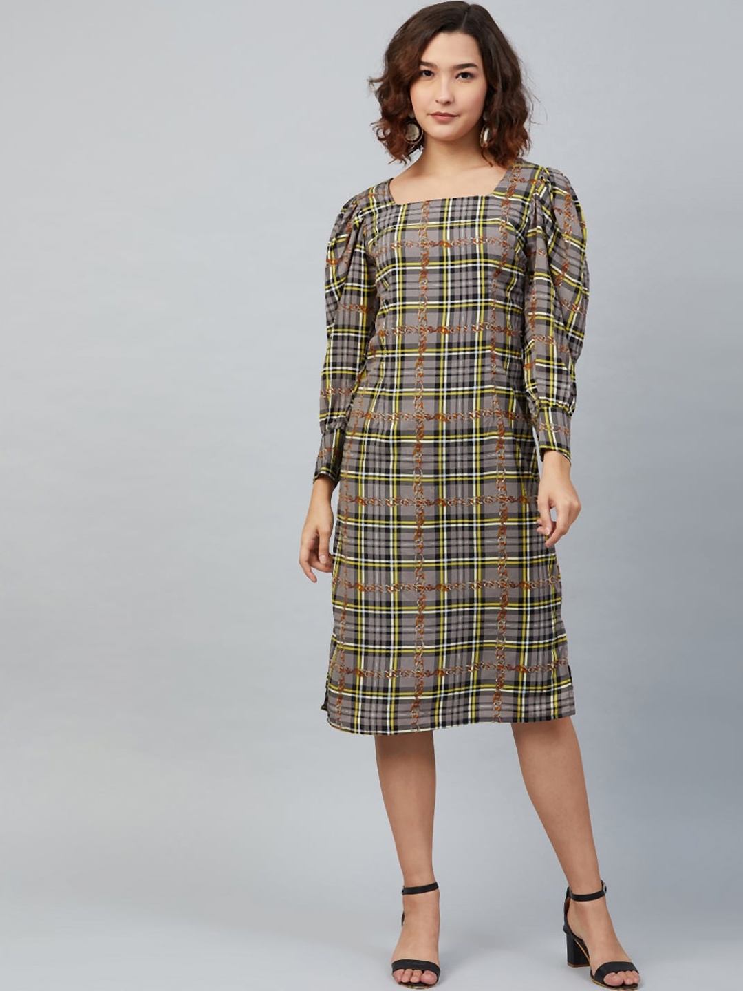 

Marie Claire Women Grey & Black Checked A-Line Dress