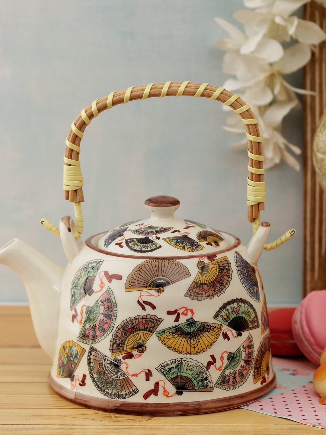 

A Vintage Affair- Home Decor White & Beige Printed Ceramic Tea Kettle