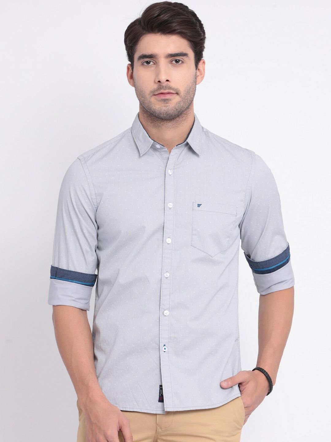 

t-base Men Grey Slim Fit Solid Cotton Casual Shirt