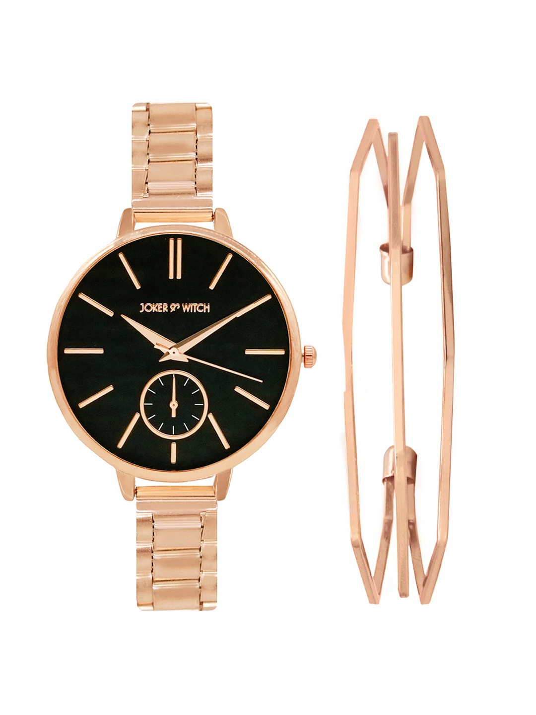 

JOKER & WITCH Women Rose Gold-Toned & Black Watch & Bracelet Gift Set-JWBS359