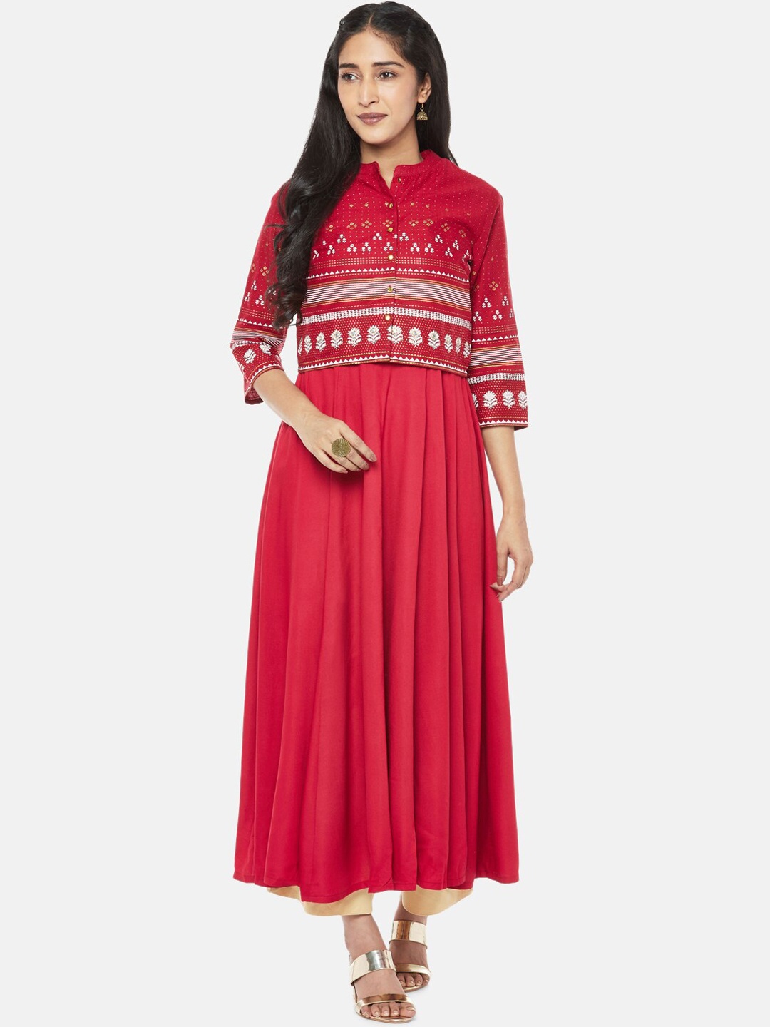 

Rangmanch By Pantaloons Women Red Geometric Yoke Design Anarkali Kurta