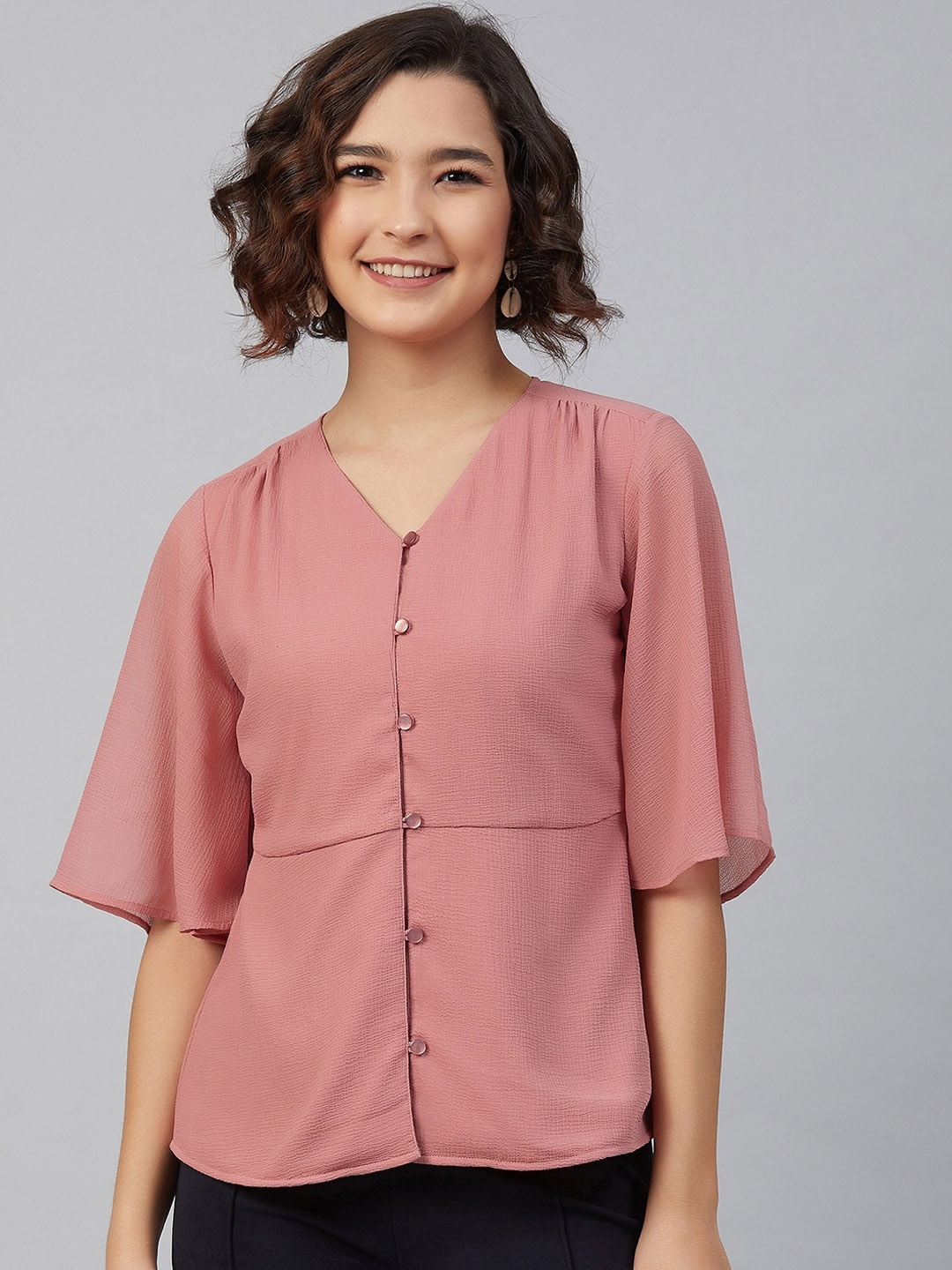 

Carlton London Peach-coloured Flutter Sleeves Georgette Shirt Style Top