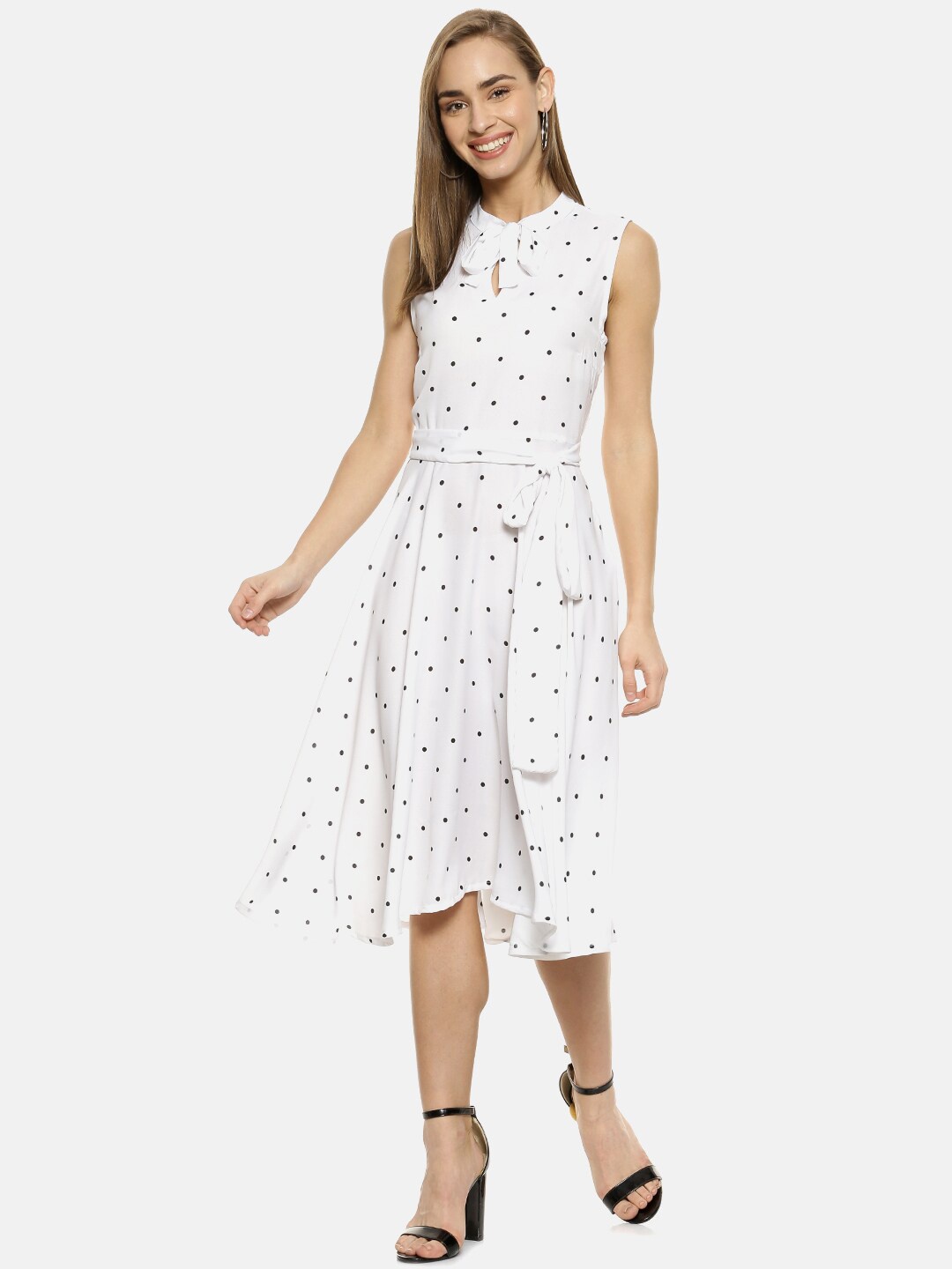 

Campus Sutra Women White Polka Dots Printed Fit and Flare Dress