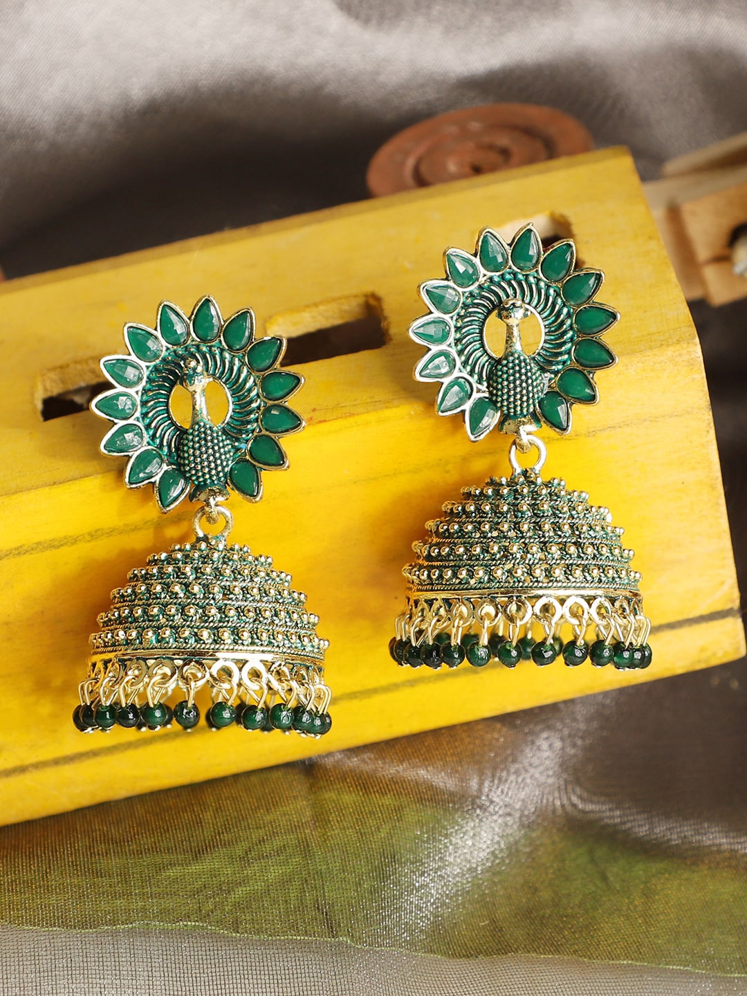 

ANIKAS CREATION Green & Gold-Plated Dome Shaped Jhumkas