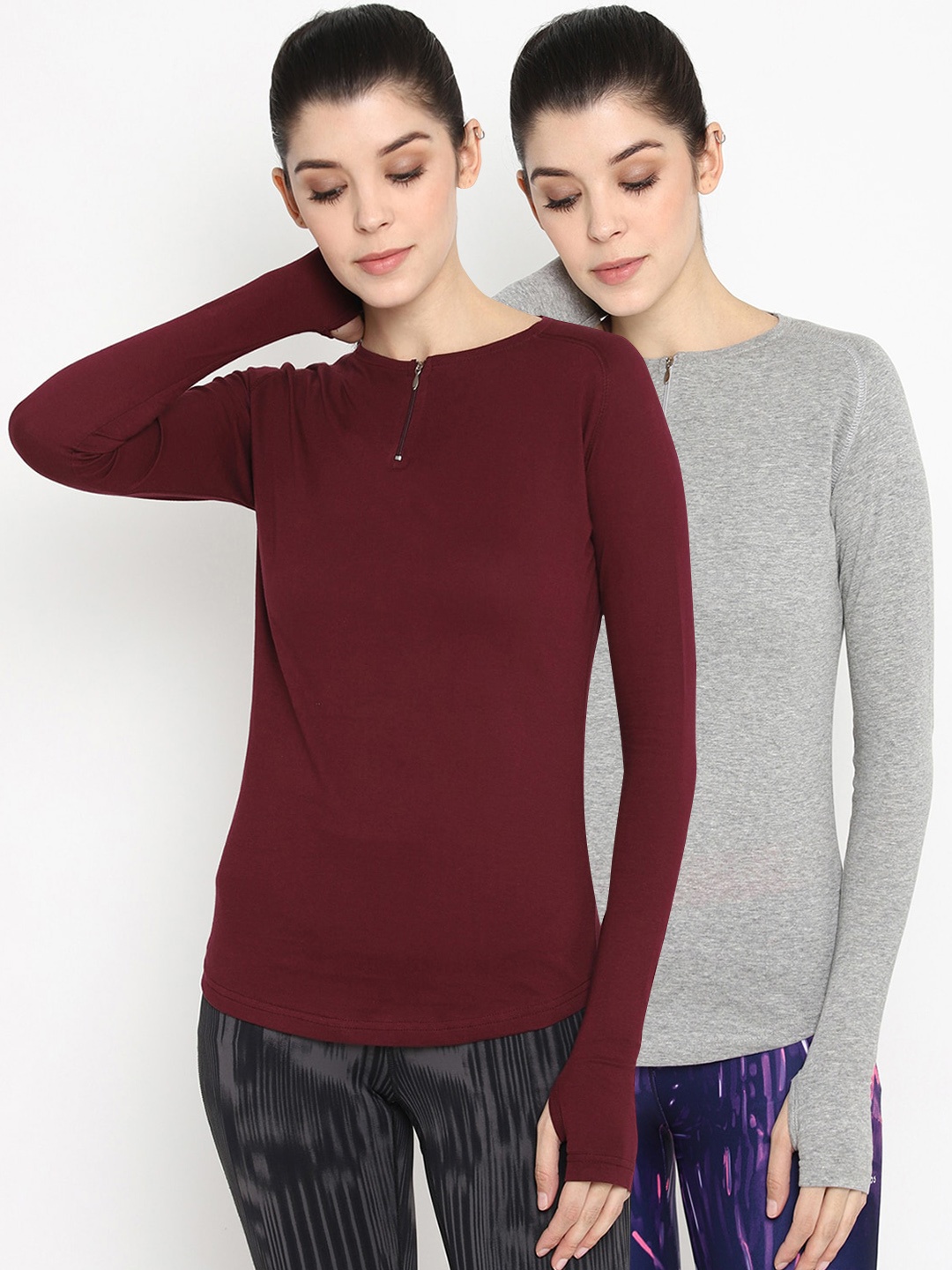 

appulse Women Maroon & Grey Set of 2 Solid Round Neck Tshirt