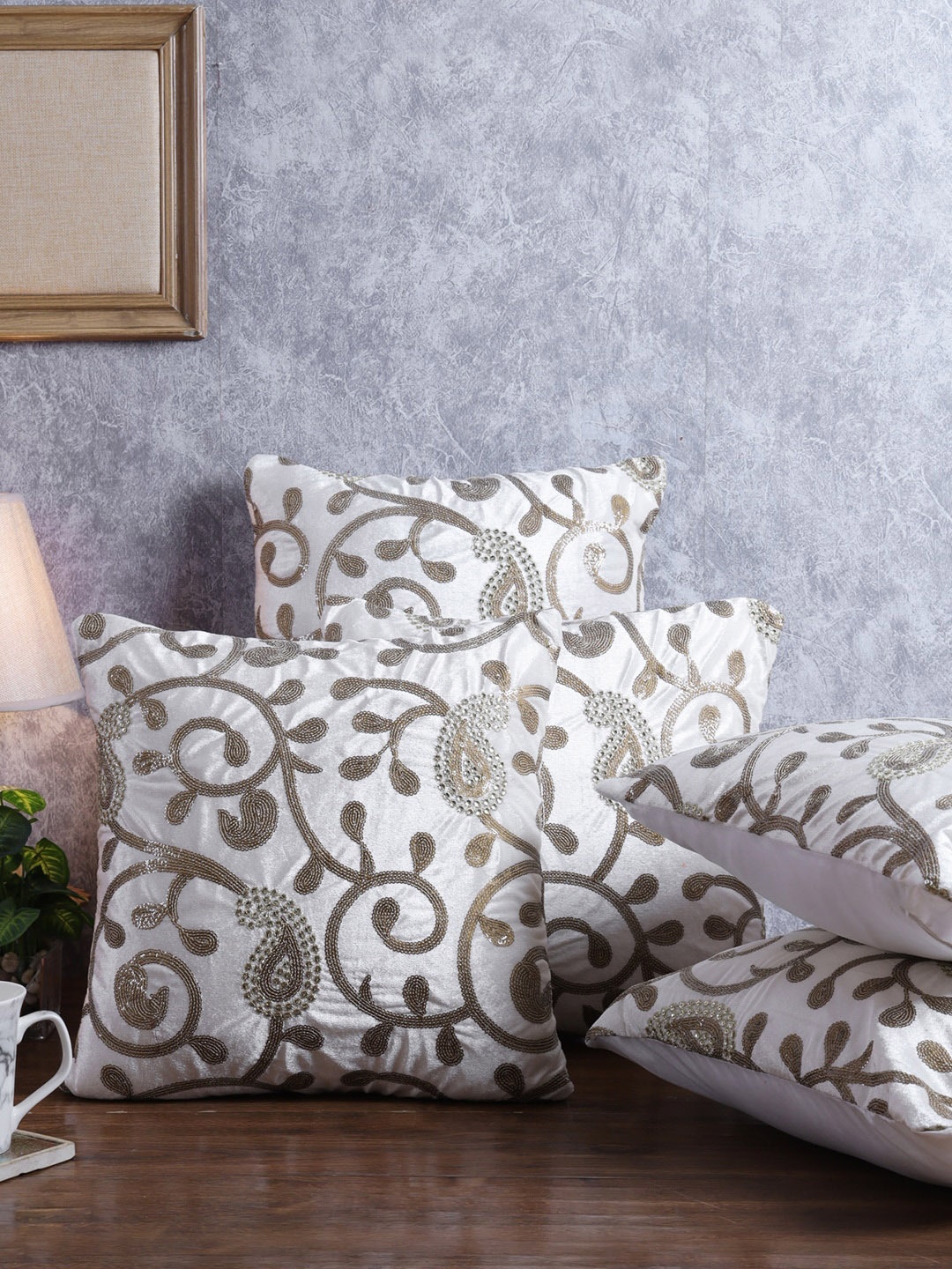 

ROMEE White & Tan Set of 5 Embroidered Square Cushion Covers
