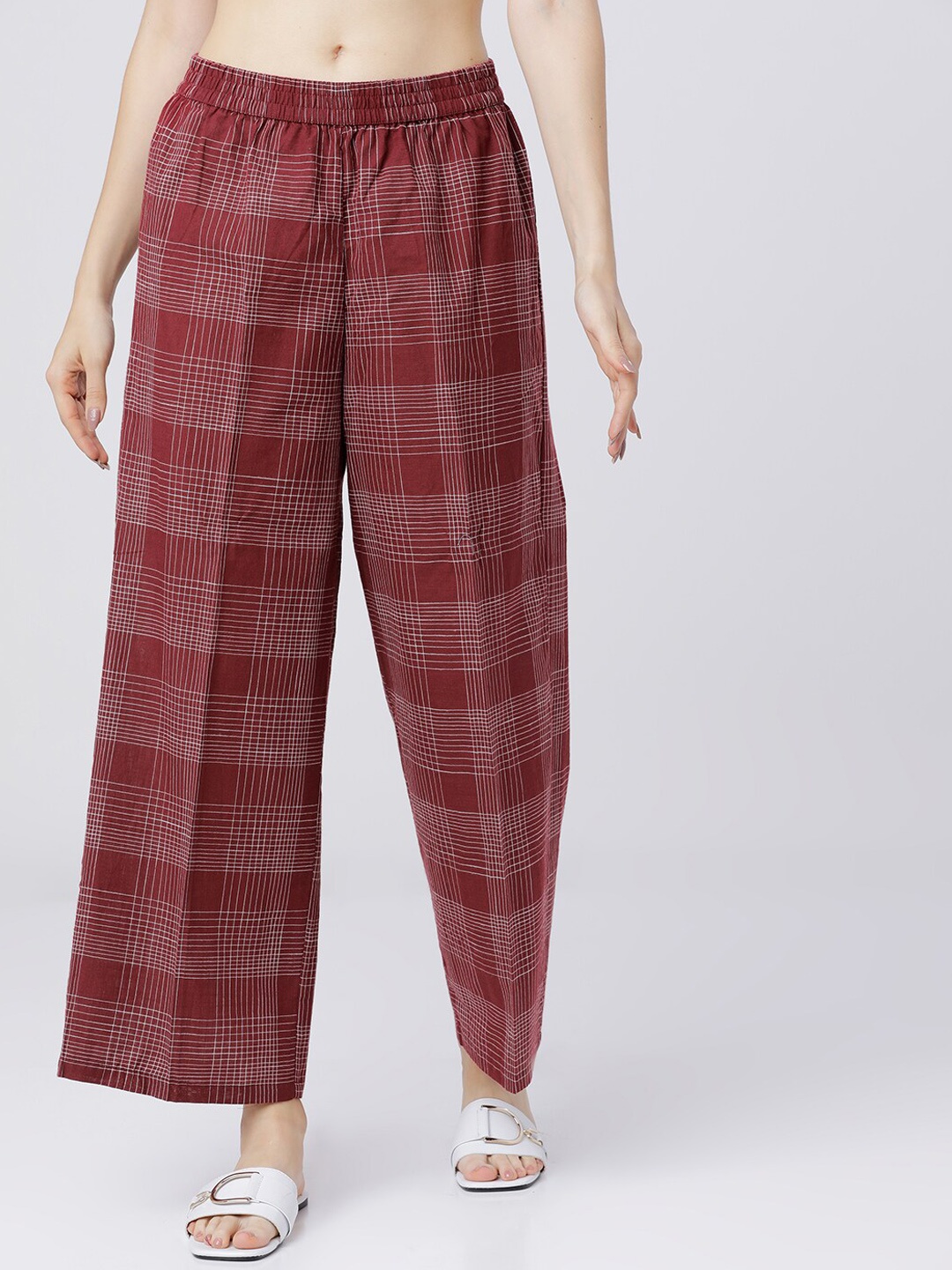

Vishudh Women Maroon Checked Straight Palazzos