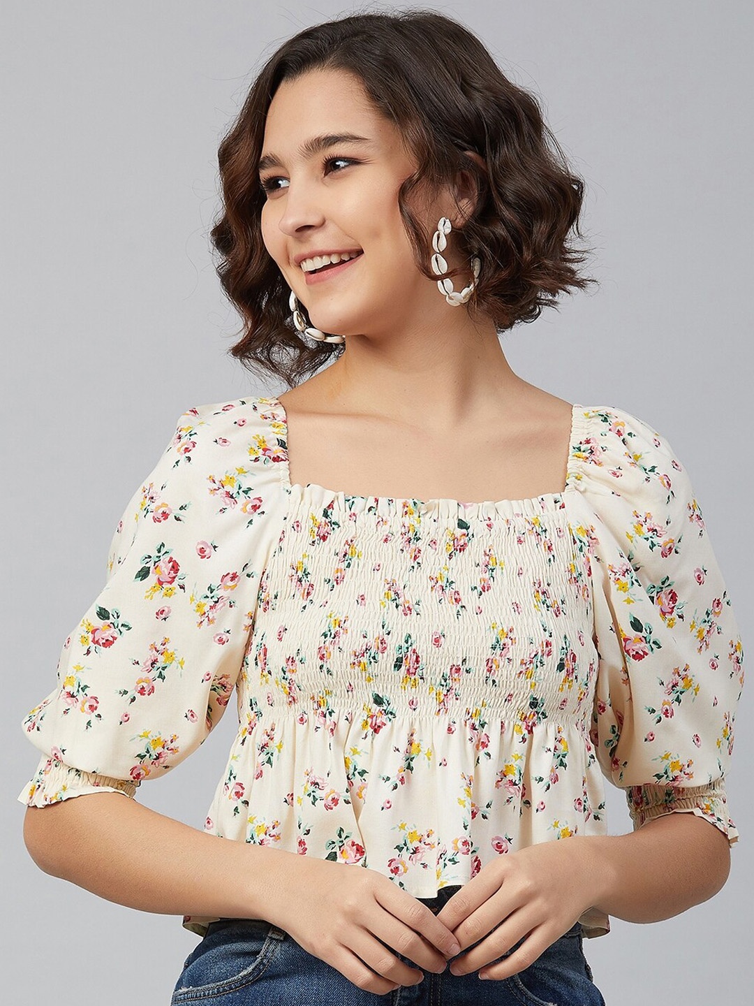 

Marie Claire Women Cream-Coloured Floral Printed Puff Sleeves Peplum Top