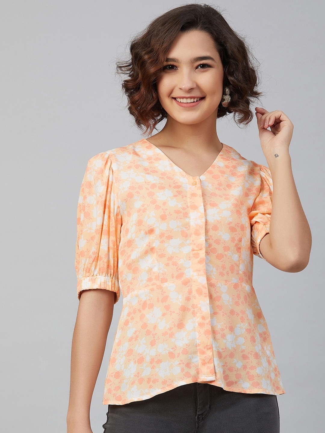 

Marie Claire Beige Floral Printed Puff Sleeves Pure Cotton Regular Top