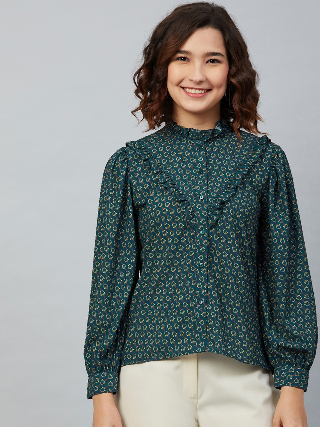 

Marie claire green printed mandarin collar crepe shirt style top