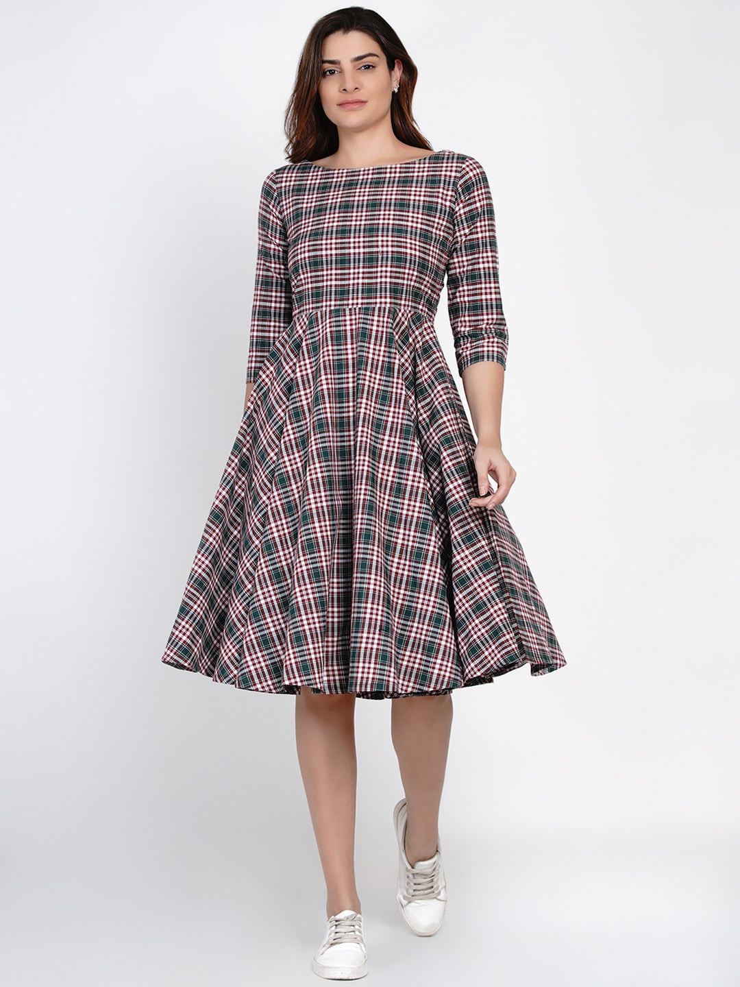 

FABNEST Women Green Checked Fit and Flare Dress