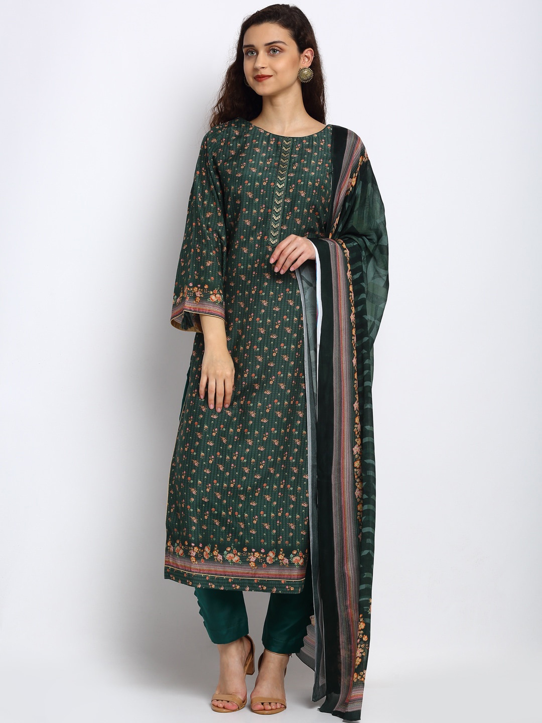 Stylee LIFESTYLE Green & Orange Floral Printed Art Silk Unstitched Dress Material