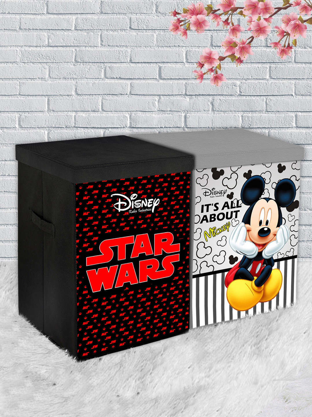 

Kuber Industries Set Of 2 Disney Print Foldable Storage Organizer Box With Handles & Lid, Grey