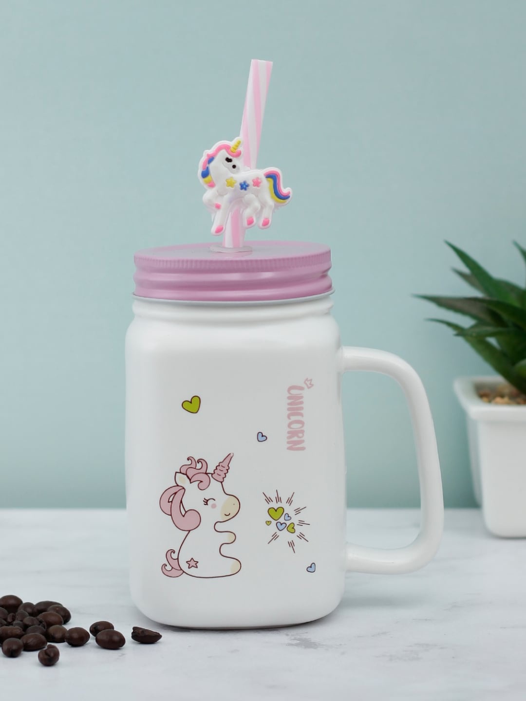 

A Vintage Affair- Home Decor White & Pink Little Hearts Unicorn Ceramic Mason Jar