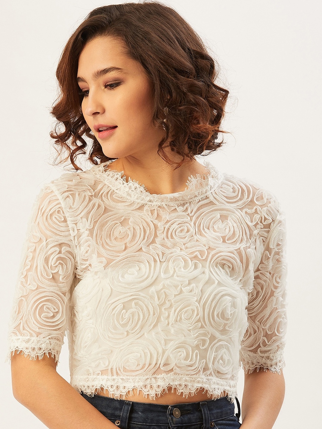 

ANVI Be Yourself White Net Regular Crop Top