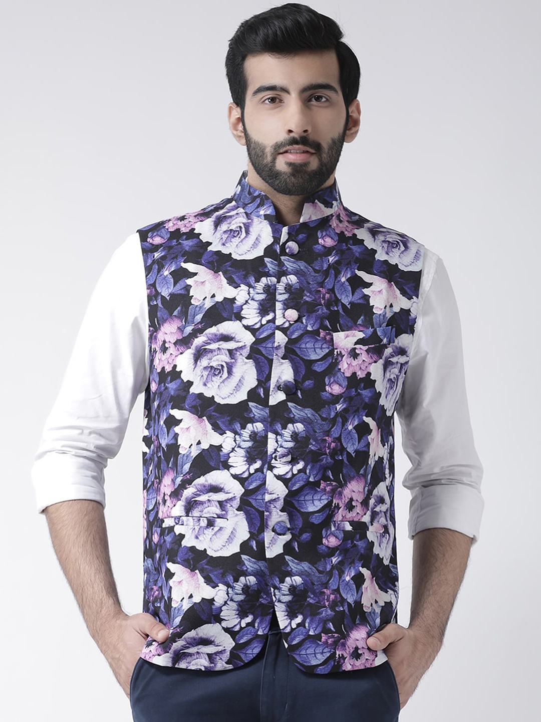 

Hangup Men White & Pink Floral Printed Woven Nehru Jacket