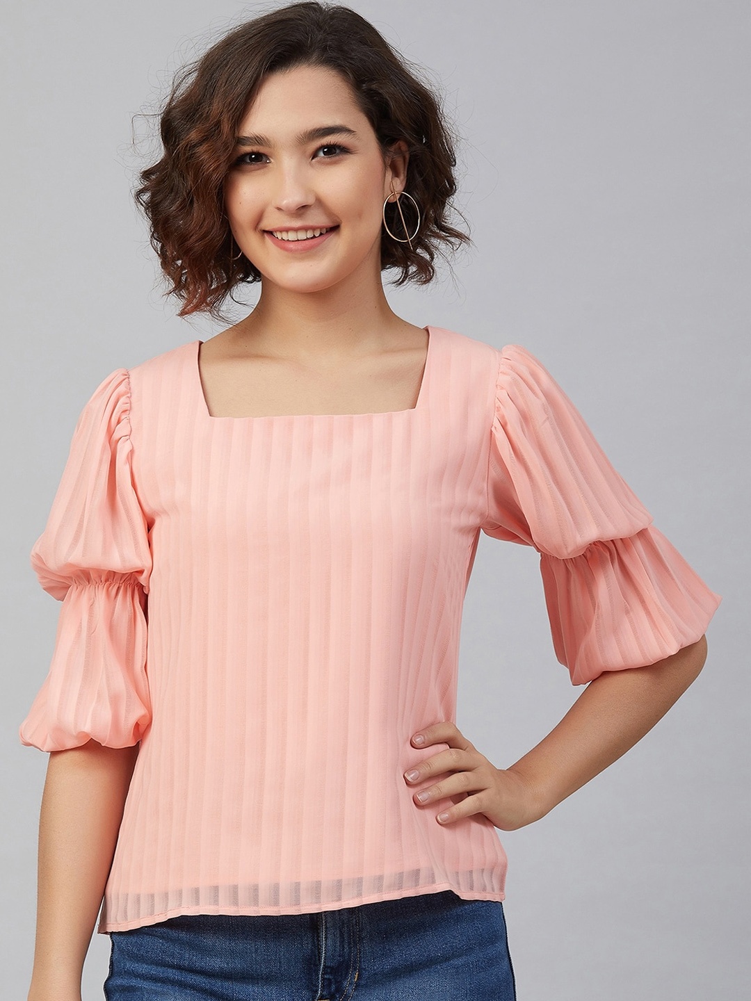 

Marie Claire Women Pink Striped Puff Sleeves Georgette A-Line Top