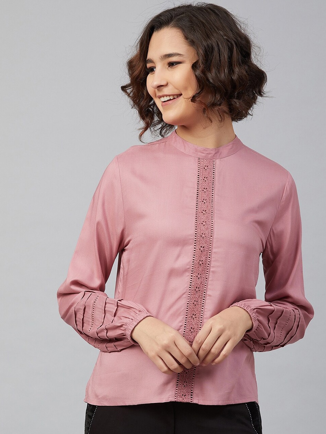 

Marie Claire Women Peach-Coloured Mandarin Collar Puff Sleeves Regular Top