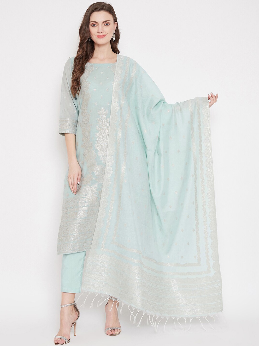 

Safaa Sea Green Cotton Blend Woven Design Unstitched Dress Material For Summer