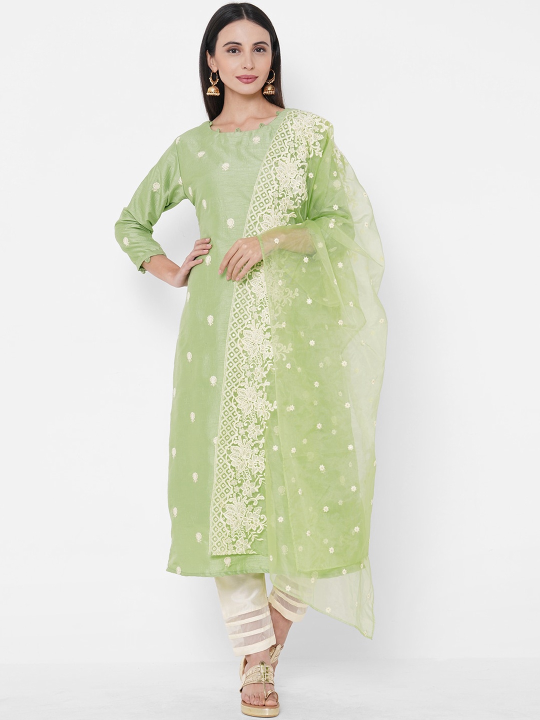 

FASHOR Women Green & Beige Embroidered Kurta with Trousers & Dupatta