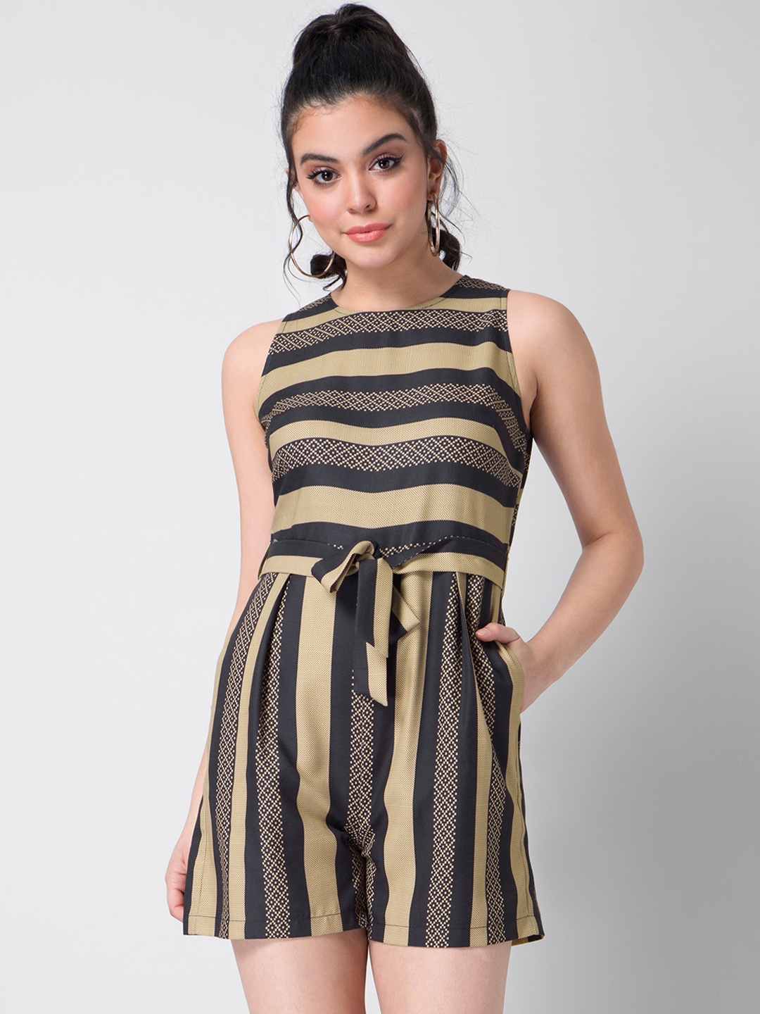 

FabAlley Women Black & Beige Striped Playsuit