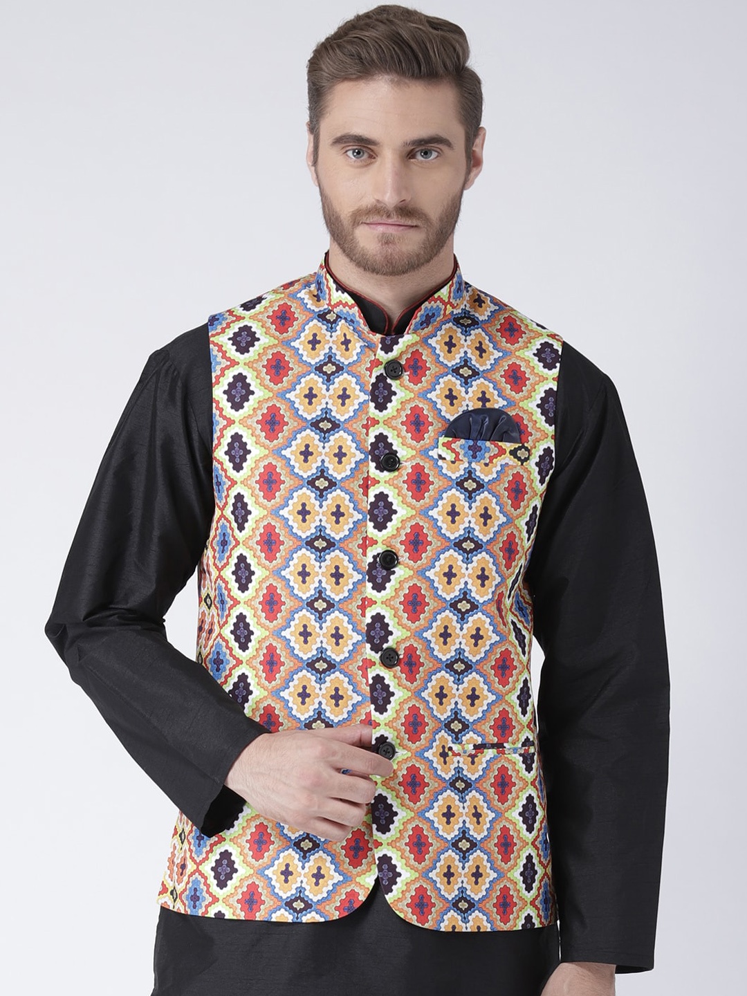 

Hangup Men Yellow & Blue Printed Woven Nehru Jacket