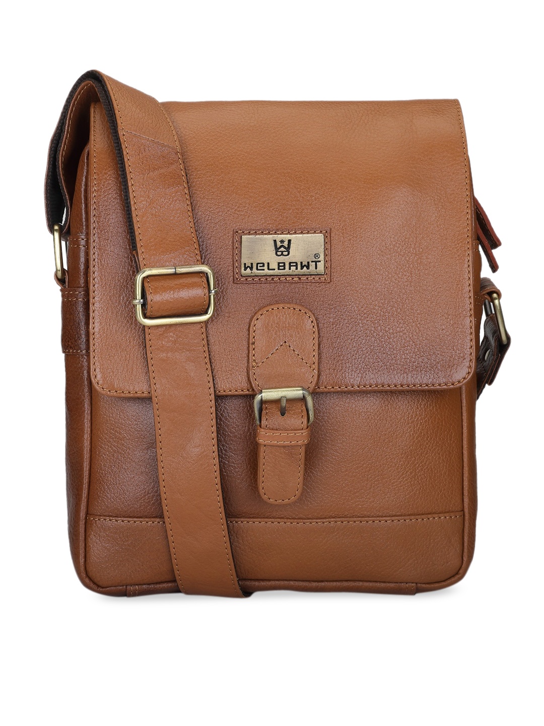

WELBAWT Unisex Tan Solid Leather Messenger Bag