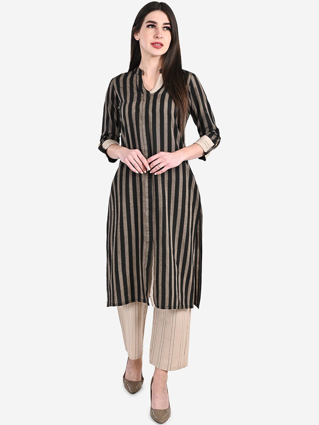 

Be Indi Women Black & Beige Striped Kurta with Palazzos